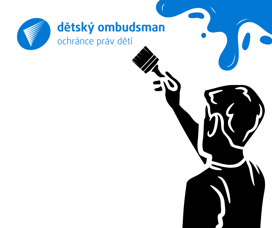 Na obrázku je piktogram kluka, který štětcem přebarvuje logo na modro. V rohu je cákanec modré barvy. Logotyp se skládá z křídla v kolečku, vedle něj je text dětský ombudsman, ochránce práv dětí.