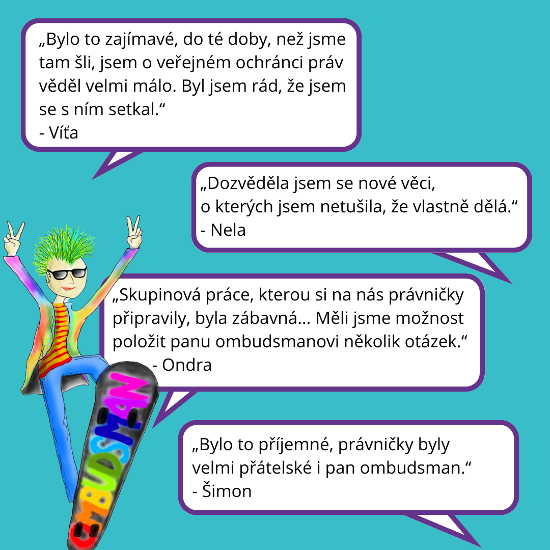 Na obrázku je maskot deti.ochrance.cz (chlapec s zeleným čírem na skateboardu) a bubliny, v nichž je obsažena zpětná vazba od studentů.